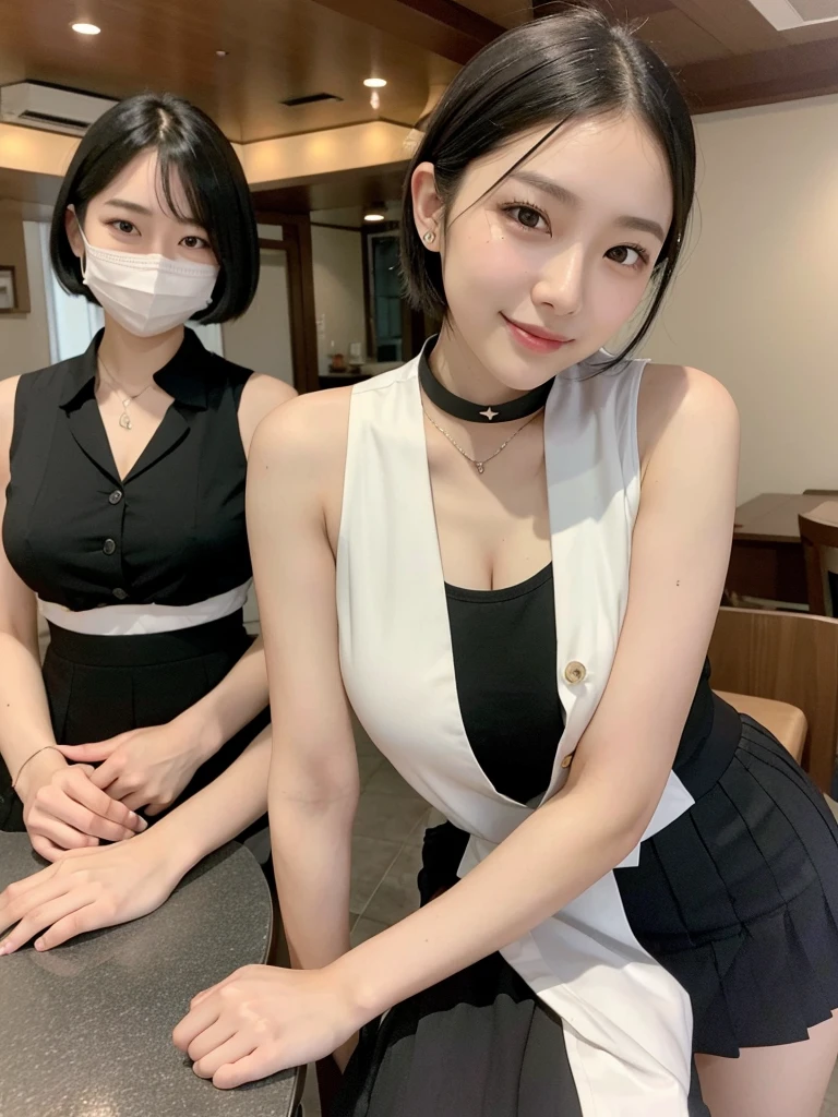 Highest quality、masterpiece、8k、Very detailed、Realistic、Looking at me with a smile、whole body、Black Hair、Short Hair、Small face、Slender、(Very large breasts:1.2)、Thin and beautiful legs、narrow and constricted waist,、(Family Restaurant Uniforms:1.2)、A tight, see-through, sleeveless white shirt with buttons and a collar、A short, black, high-waisted skirt、(Nobody background:1.2)、mask、Erect nipples
