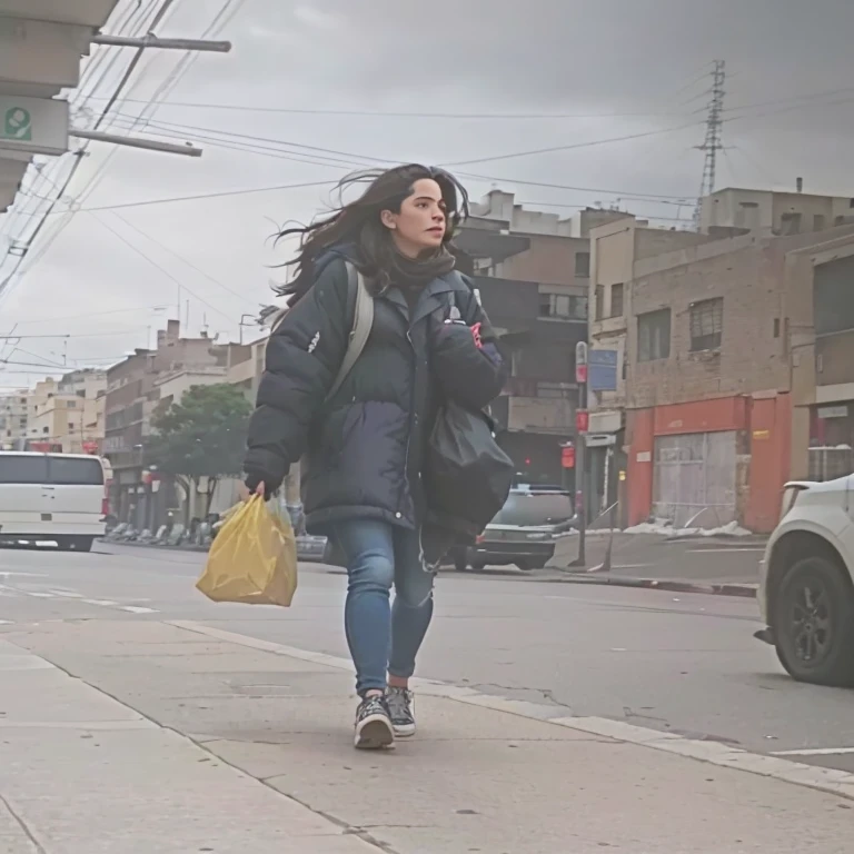 there is a woman walking down the sidewalk with a bag, uhd candid photo of dirty, walking on the street, a woman walking, on the street, on the street, in a street, on the street, walking down a street, 19 year old girl, Carla Ortiz, parado on the street, in a street, in a street de la ciudad