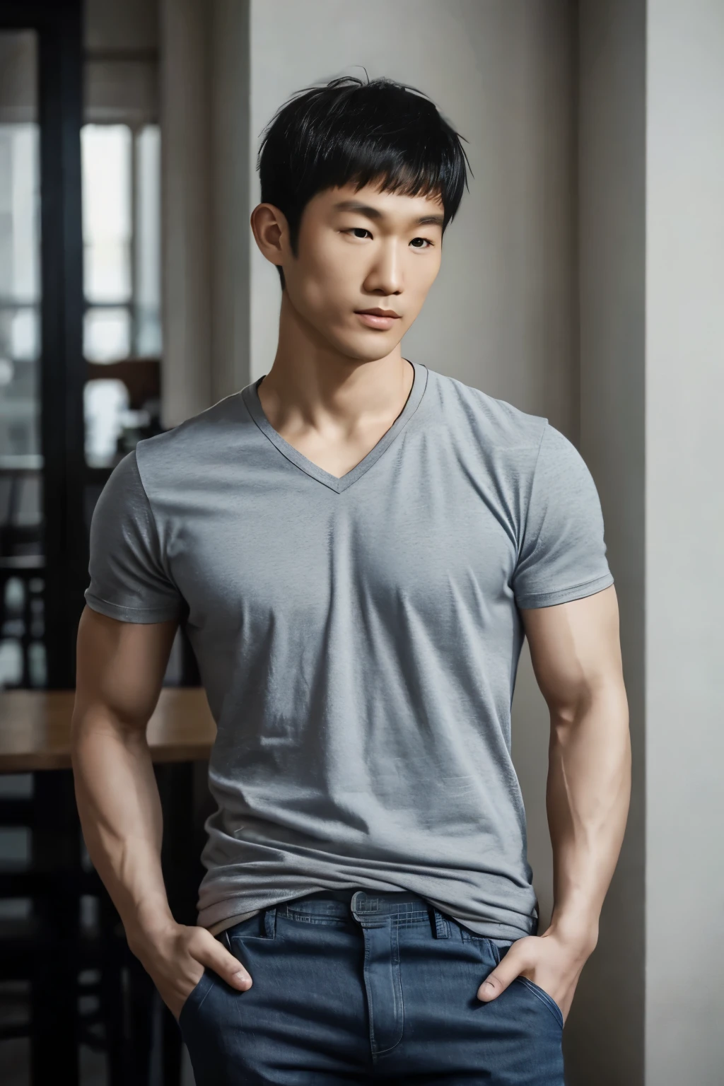 ((realistic daylight)) , Young Korean man in a simple gray t-shirt only, no pattern, denim shirt, and jeans., A handsome, muscular young Asian man looks at the camera.  , in the restaurant ,turn sideways