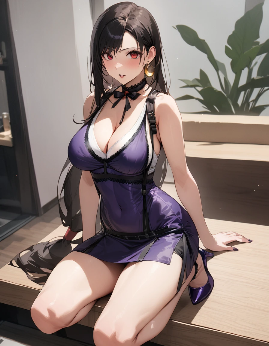 mdTifa, red eyes, long hair, crescent earrings, lace choker, cleavage, purple dress, sleeveless, short dress, purple high heels, masterpiece, best quality, ultra high resolution
