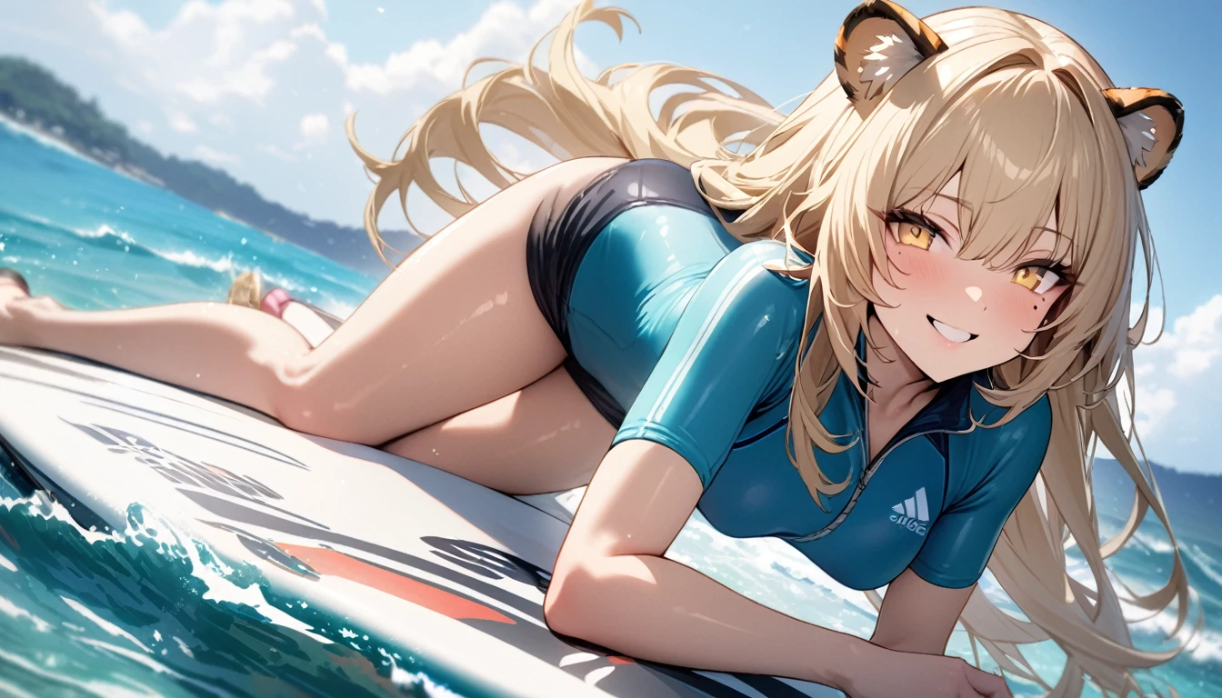 1girl、(((best quality)), ((masterpiece)), (details), masterpiece, best quality, high quality, ulutra detailed, perfect face, ((1girl, blond eyes, tiger ears: 1.3 blond long hair: 2.5,Mole under left eye:2.0))、Shiny Hair、Glowing Skin、Lustful look、Lying on a surfboard、surfing、Sense of presence、smile、Rash guard、Shorts swimsuit、Ocean、Ocean上、