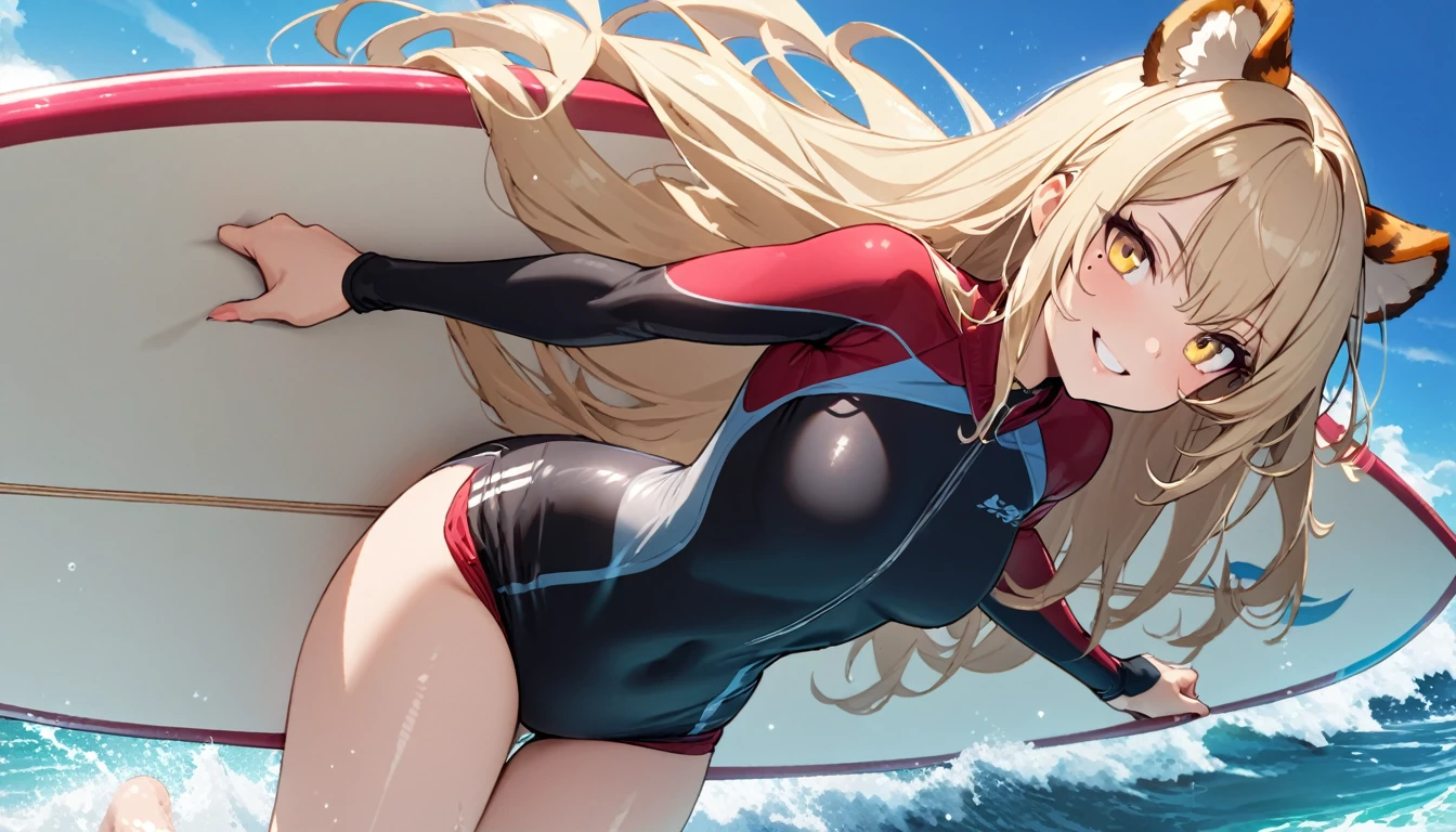 1girl、(((best quality)), ((masterpiece)), (details), masterpiece, best quality, high quality, ulutra detailed, perfect face, ((1girl, blond eyes, tiger ears: 1.3 blond long hair: 2.5,Mole under left eye：2.0))、Shiny Hair、Glowing Skin、Lustful look、Lying on a surfboard、surfing、Sense of presence、smile、Rash guard、Shorts swimsuit、Ocean、Ocean上、