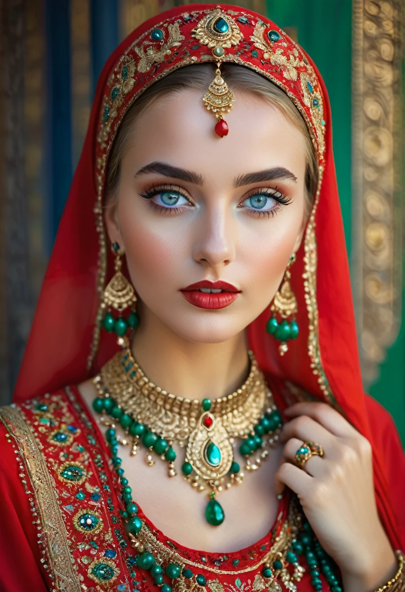 A beautiful Polish woman in her 20s, dressed in traditional, vibrant red attire. She has a headscarf with intricate gold embroidery, framing her face elegantly. Her jewelry includes elaborate, colorful earrings and a matching choker adorned with green and red gemstones. The woman has expressive blue eyes, defined makeup, and a serene expression. The background is softly blurred, emphasizing her detailed and ornate attire.