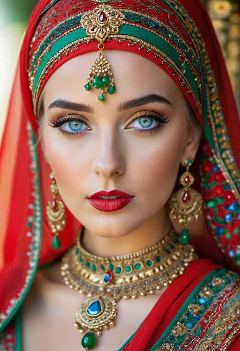 A beautiful Polish woman in her 20s, dressed in traditional, vibrant red attire. She has a headscarf with intricate gold embroidery, framing her face elegantly. Her jewelry includes elaborate, colorful earrings and a matching choker adorned with green and red gemstones. The woman has expressive blue eyes, defined makeup, and a serene expression. The background is softly blurred, emphasizing her detailed and ornate attire.