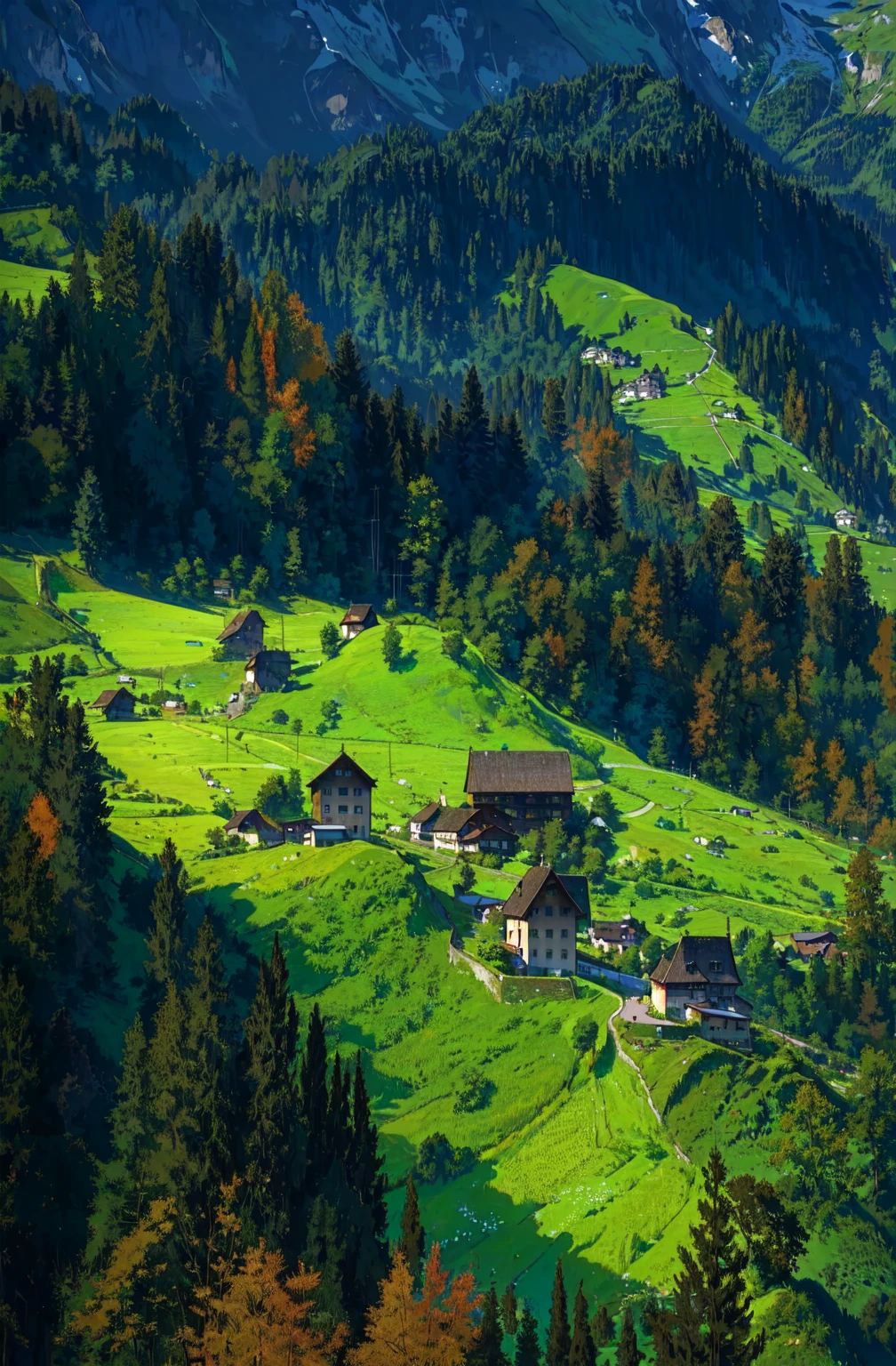 arafed view of a green valley with a few houses and trees, Switzerland, in the swiss alps, lovely valley, alp, by Karl Stauffer-Bern, swiss alps, by Franz Hegi, green meadows, by Fritz Glarner, lauterbrunnen valley, alpine scenery, patches of green fields, mountainous setting, alps, lush valley, Peaceful and idyllic countryside, Rolling green hills dotted with grazing sheep, Charming villa，vivid flowers々Surrounded by, Clear blue sky overhead, Evokes a sense of peace and simplicity, Beautiful valley, Switzerland, Green Field Patch, lush countryside, lush valley,The idyllic village of Milan,，Lush green fields，Village top，Rolling Terrace，Colorful garden of flowers and plants，Alpine landscape of Swiss countryside under the Alps，Carl Sessel Bern，Majestic nature, swiss architecture, beautful view, rivers，falls