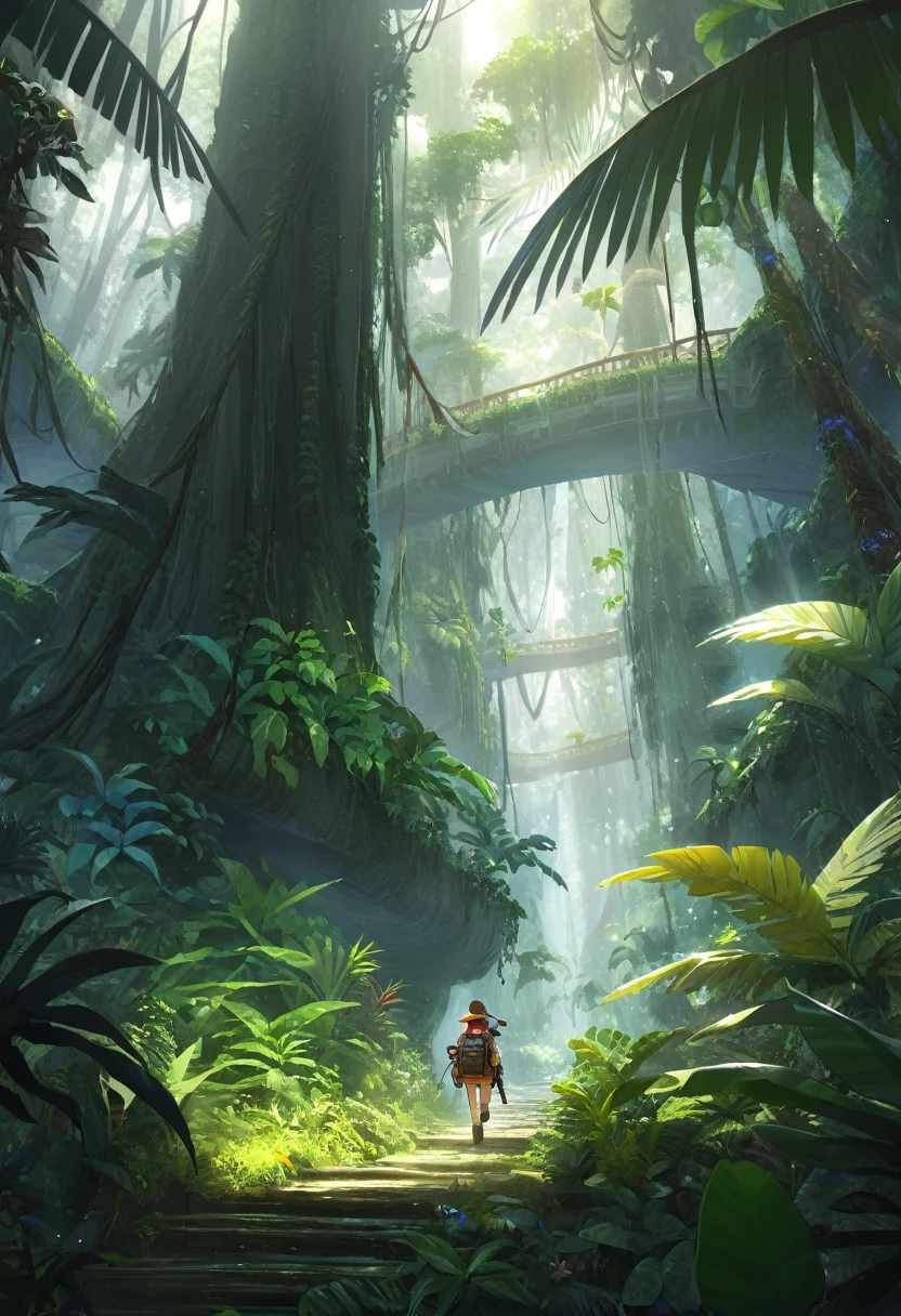 Best quality, masterpiece, clear, high resolution, and its detailed unity CG wallpapers, jungle adventure, 1 jungle adventurer, adventure dress up, mysterious rainforest, huge plants,