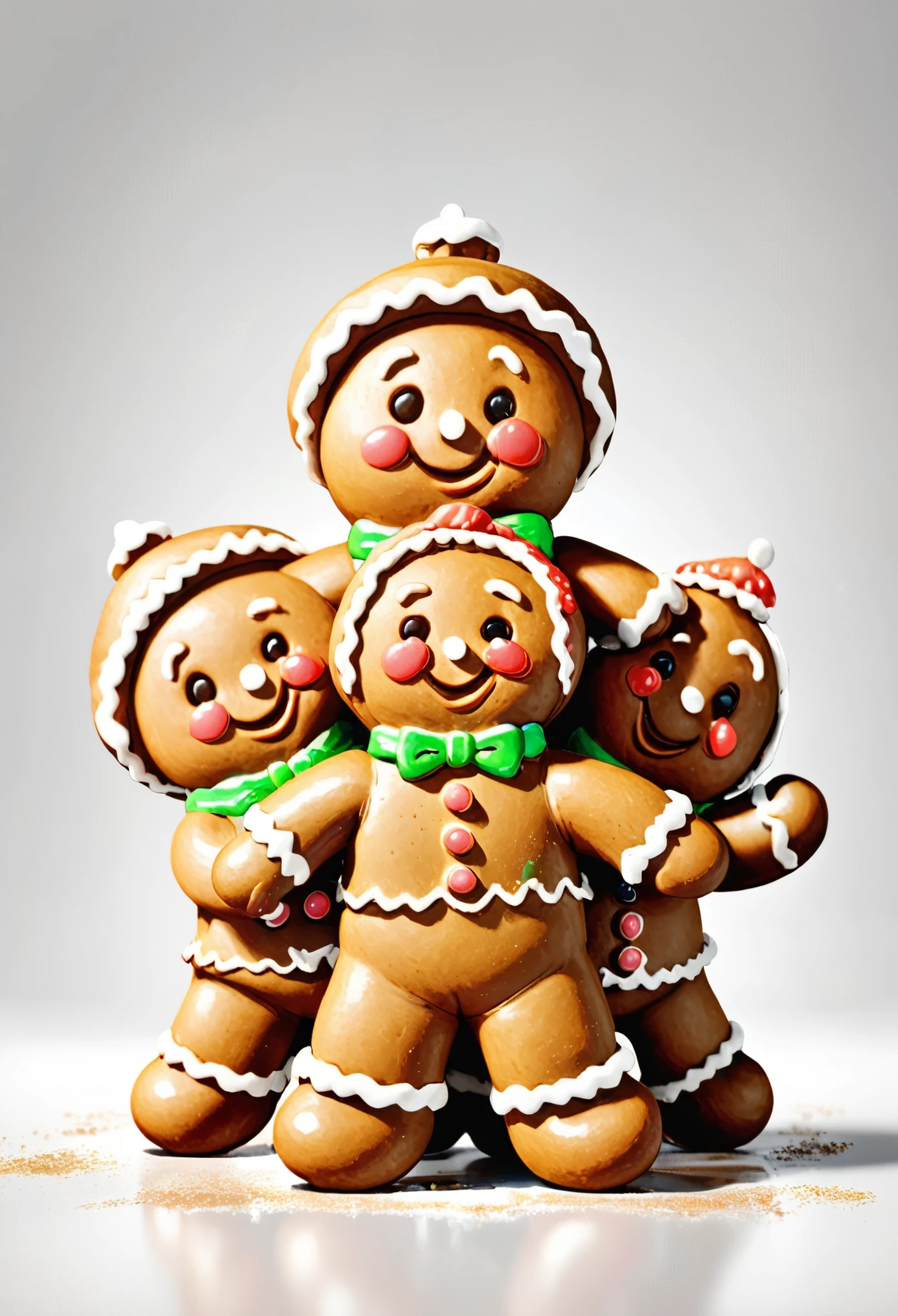 Three gingerbread men，Stacked together，HD，White background，8k，超HD画质，Masterpiece，Natural texture，Elegant and clear lines，illustration