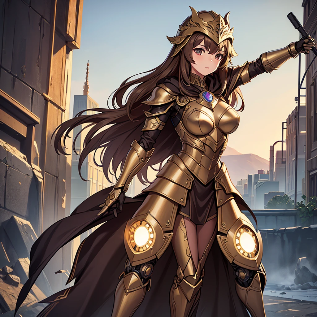 Very detailed, high quality, masterpiece, beautiful, One girl, Prosthetic limbs, Single Mechanical Arm, prosthetic limb, Marenia Diff, armor, Cape, Helmet, Brown dress, whole body,