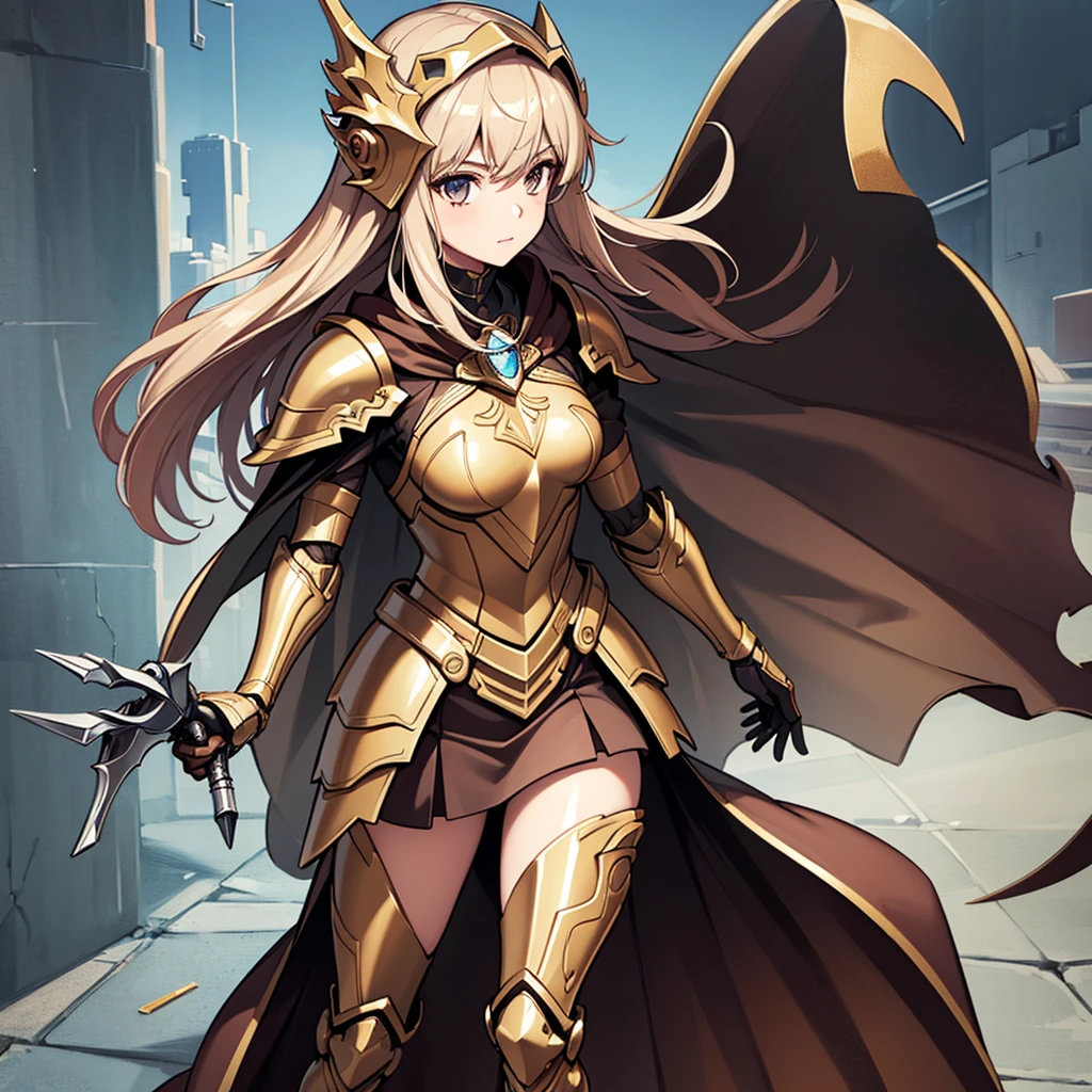 Very detailed, high quality, masterpiece, beautiful, One girl, Prosthetic limbs, Single Mechanical Arm, prosthetic limb, Marenia Diff, armor, Cape, Helmet, Brown dress, whole body,