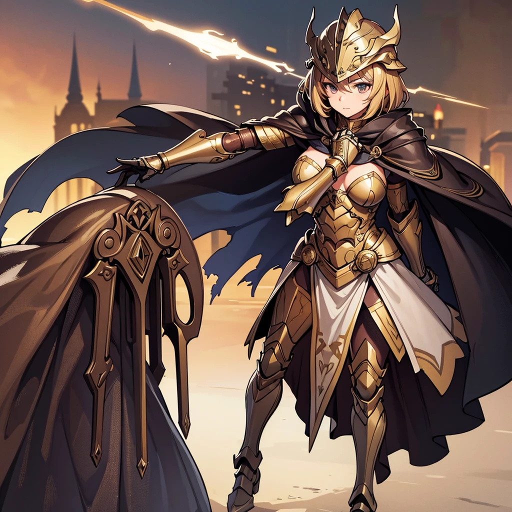 Very detailed, high quality, masterpiece, beautiful, One girl, Prosthetic limbs, Single Mechanical Arm, prosthetic limb, Marenia Diff, armor, Cape, Helmet, Brown dress, whole body,