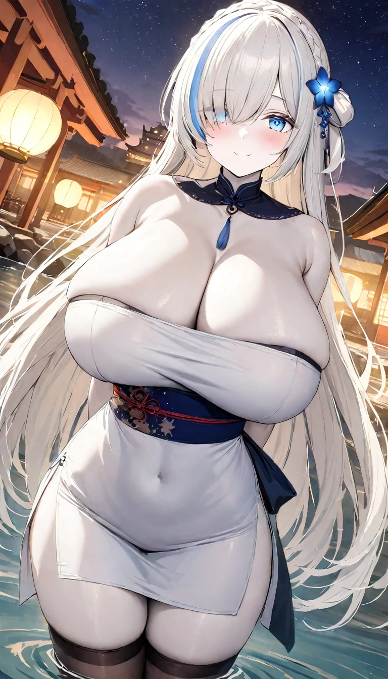 (masterpiece, high quality, high detail, 4k, rtx, high resolution:1.2),blue_streaked_hair,hair_over_one_eye, blue_eyes,very long hair,braid,white hair_ornament,white skin,black nail_polish,, cute face,solo,1girl, aerial_fireworks, architecture, aurora, bridge, building, city_lights, cityscape, cloud, constellation, crescent_moon, earth_(planet), east_asian_architecture, festival, fireflies, fireworks, flower, fountain, full_moon, galaxy, hair_ornament, horizon,(white dress, tubetop dress, china_dress, sexy pose:1.3), thighs, thighhighs,(strapless:1.2), (beautiful huge breasts:1.5),lantern, light_particles, looking_at_viewer, milky_way, moon, moonlight, night, night_sky, obi, onsen, outdoors, paper_lantern, planet, reflection, sash, shooting_star, sky, skyline, skyscraper, smile, snow, snowing, solo, space, sparkle, standing, star_(sky), star_(symbol), starry_background, starry_sky, starry_sky_print, summer_festival, sunrise, tanzaku, telescope, torii, tower, twilight,wading, water,arms behind back,finger polish