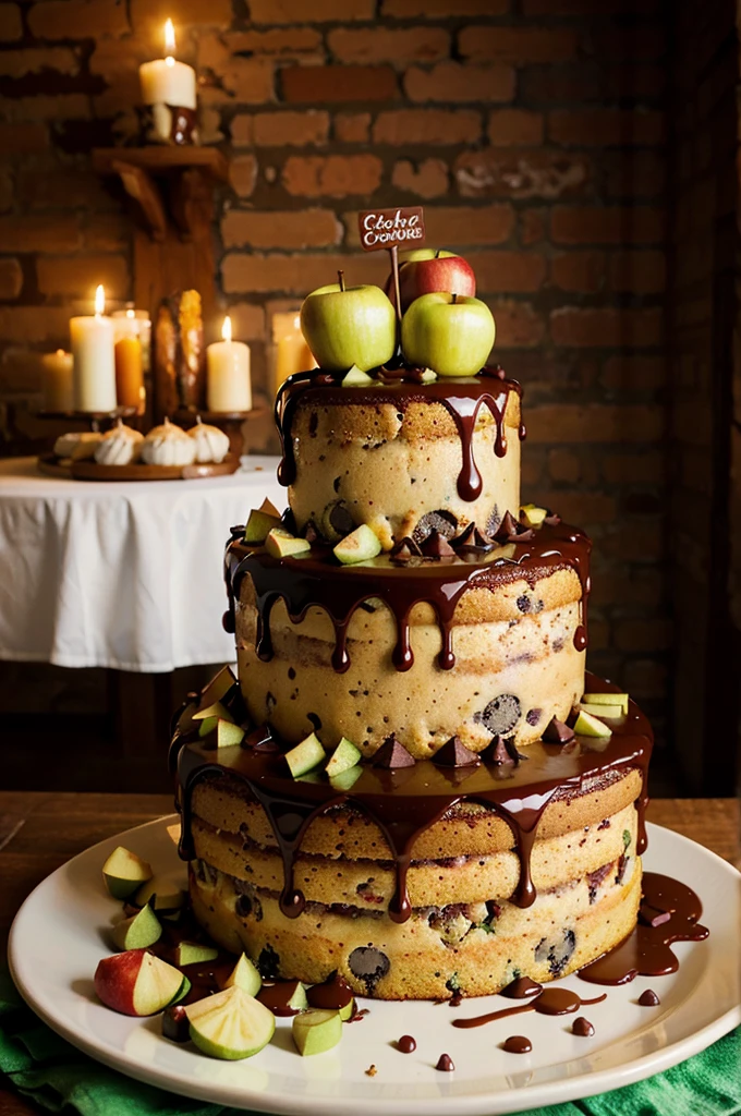 Zucchini, bacon, chocolate chip, cake, caramel syrup, apples