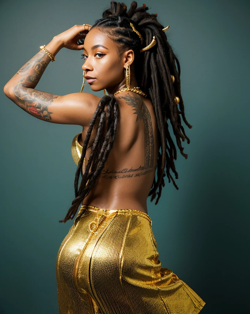 A beatifull gorgeous and sexy black woman with dreadlock some tatoo and gold chain in subjective position a suprcar on her back with high resolutionphotograph usin a 85mm lens for a flattering perspectiv