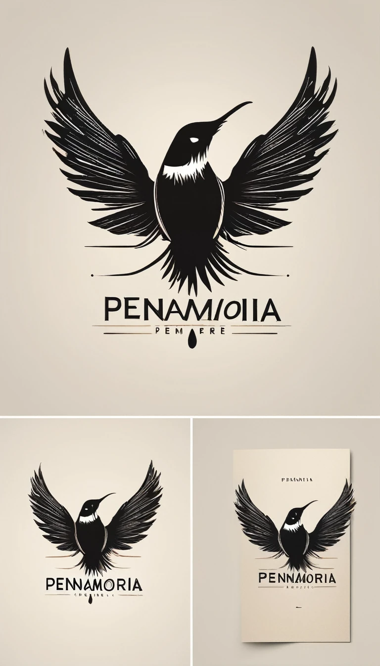 A minimal, modern, simple, cinematic logo design for the brand “Penamemoria". Create a modern, minimalistic, high-quality, logo of a boy-feather playing acoustic guitar