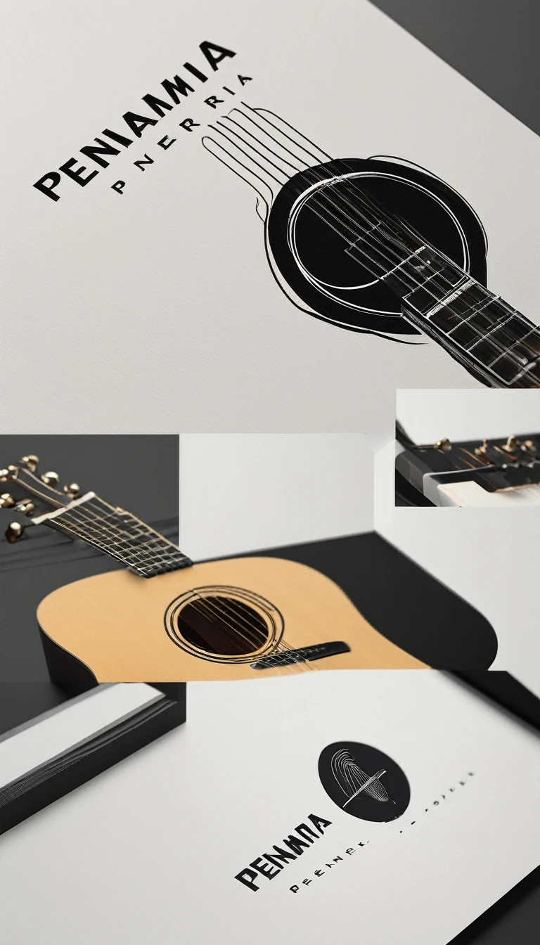 A minimal, modern, simple, cinematic logo design for the brand “Penamemoria". Create a modern, minimalistic, high-quality, logo of a boy-feather playing acoustic guitar