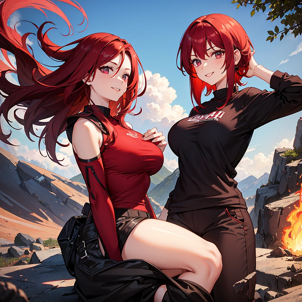 A girl with crimson red hair and maroon eyes with a black and red shirt that covers her whole torso and sweatpants and big breasts smiling and a background with volcanoes and fire