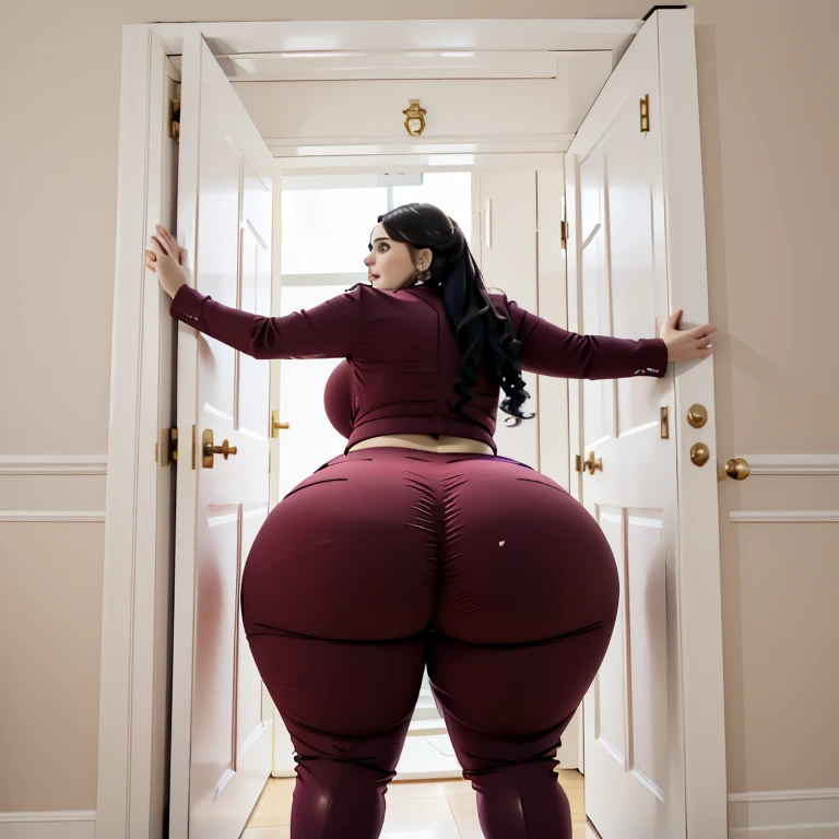 masterpiece, 1girl behind a doorway, from behind, (doorstuck, stuckbehind:1.3), ssbbw ,huge hips, round belly, thick thighs, giant butt,colorful clothing, wearing a maroon red suit and tie and formal pants, upset, desperately trying to wiggle through, she tries to free herself but she won't budge, she is stuck tight view from behind, she is too wide, the doorway is quite narrow too, she kicks her legs furiously, trying to wiggle her hips through the small door, but its no good, the door is too small, she keeps trying to squeeze through with frustration