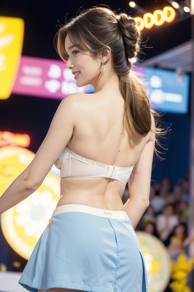 (((best quality))),(((ultra detailed))),(((masterpiece))),illustration,((a beautiful girl,solo)),(shoulder length straight hair:1.2),((slim,thin)),(bare back:1.5),((towering hips,butt crack)),(strapless white bra:1.5),(blue mini-skirt:1.3),(slender legs:1.2),(sneakers:1.3),(standing:1.3),(on the stage:1.3),((outside a shopping mall, at the entrance of a beer promotional event)),((surrounded by crowded crowds)),((hair and skirt fluttering in the air)),expressive eyes,infectious smile,the stage adorned with colorful decorations,vibrant atmosphere,(night scene:1.3),(from back:1.3),(upper body:1.3),