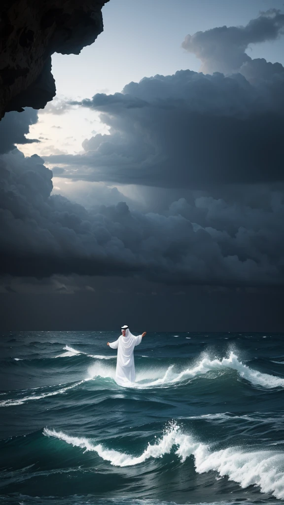 An arabic man with white clothes swim in middle a sea. Storm everywhere. Dark sky.