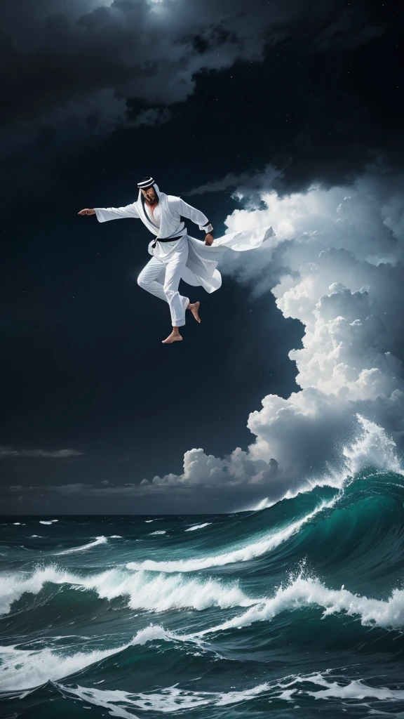 An arabic man with white clothes swim in middle a sea. Storm everywhere. Dark sky.