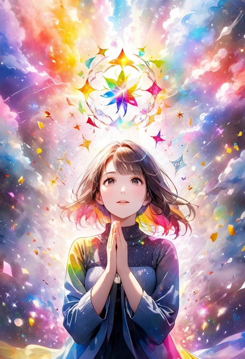 beautiful woman praying and cheering hard, various mark symbol effects, conceptual installation art, 2.5D, delicate and dynamic, fusion of watercolors and oil paintings, magic of vivid color shades and contrasts, gradation, foggy filter effects, glitter effects