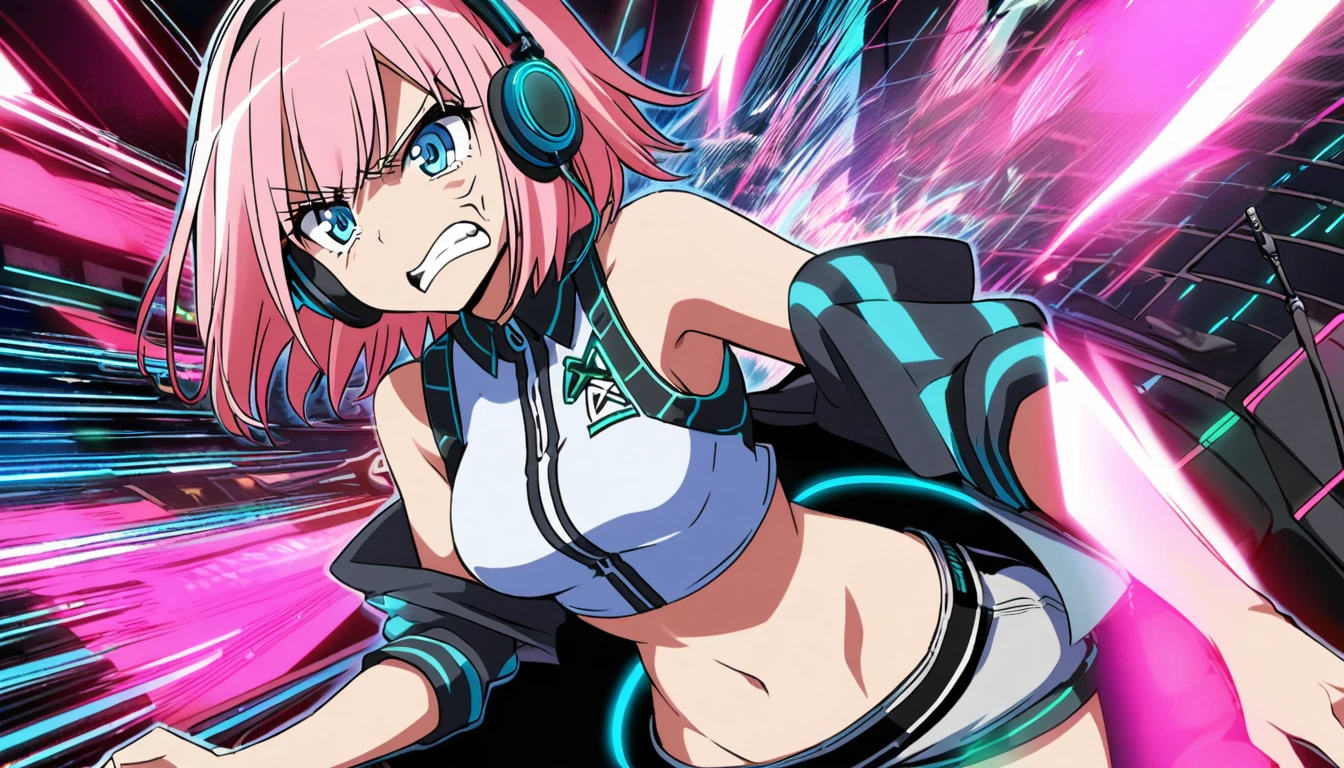 8k anime slim girl DJ DJ club pinkhair midriff peek short hair headphone headphone Blue Eyes Disk Jockey angry medium breasts cyber cyber