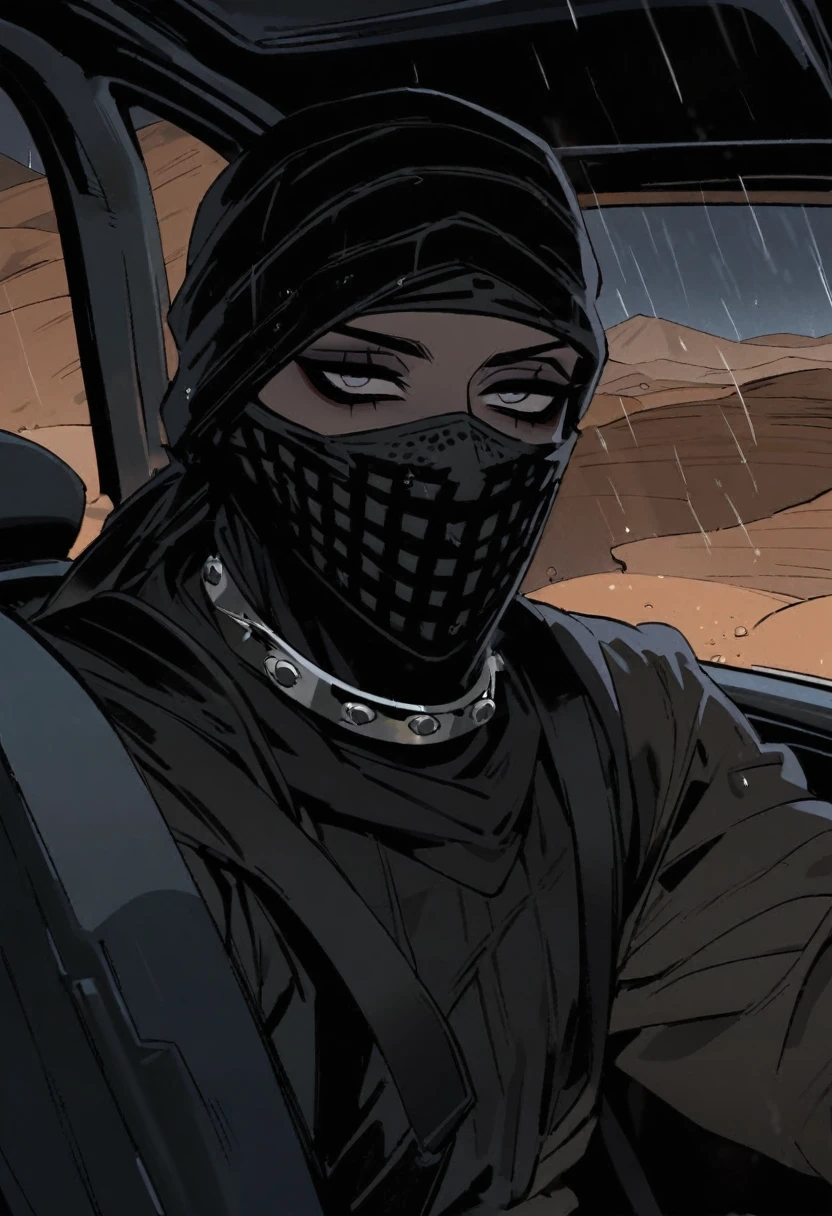 Male arab modern terrorist, terrorist, black balaclava, black bandage, black clothes, thin waist, femboy, light skin, makeup, black eyeliner, big eyelashes, black eyeshadow, half open eyes, metal choker, inside the car, desert, night, rain