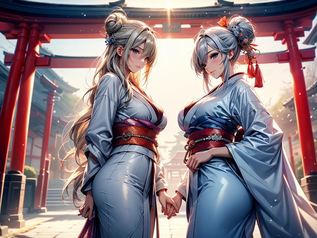 28 years old, Sexy body, Slim body, Silver hair fades to light blue tail, hair covering one eye, /Asymmetrical hair, /half bun hair, /half updo half up half down, /Medium Length Hair, /long wavy hair, blue eyes, break, Japanese clothes, kimono, neat kimono, Zen garden in Japanese temple, In front of the torii gate, New Year Visit, hands together, Pray for the future, Smile, In winter, Snow covered ground, There is snow, snowflake, Dynamic Angle, from the side, (Correct anatomy, Ideal body proportions), (/A night under the stars, /In the morning, under the holy light), break, high resolution, original photo, Photorealism, Stay focused, (natural lighting, Textile shading), Detailed background, Perfect layer cut, Focus on the eyes, (milf:1.5), Depth of Field, Bokeh, cowboy shot, ray tracing, masterpiece, best quality, 8K, retina, masterpiece, ccurate
