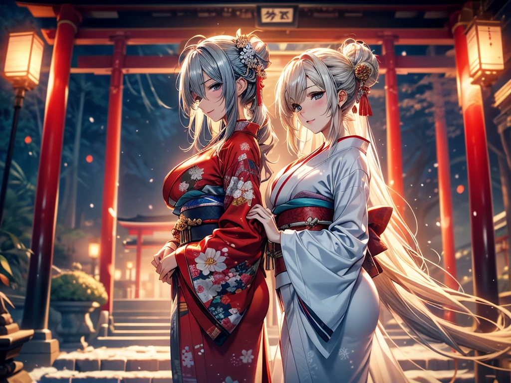 28 years old, Sexy body, Slim body, Silver hair fades to light blue tail, hair covering one eye, /Asymmetrical hair, /half bun hair, /half updo half up half down, /Medium Length Hair, /long wavy hair, blue eyes, break, Japanese clothes, kimono, neat kimono, Zen garden in Japanese temple, In front of the torii gate, New Year Visit, hands together, Pray for the future, Smile, In winter, Snow covered ground, There is snow, snowflake, Dynamic Angle, from the side, (Correct anatomy, Ideal body proportions), (/A night under the stars, /In the morning, under the holy light), break, high resolution, original photo, Photorealism, Stay focused, (natural lighting, Textile shading), Detailed background, Perfect layer cut, Focus on the eyes, (milf:1.5), Depth of Field, Bokeh, cowboy shot, ray tracing, masterpiece, best quality, 8K, retina, masterpiece, ccurate