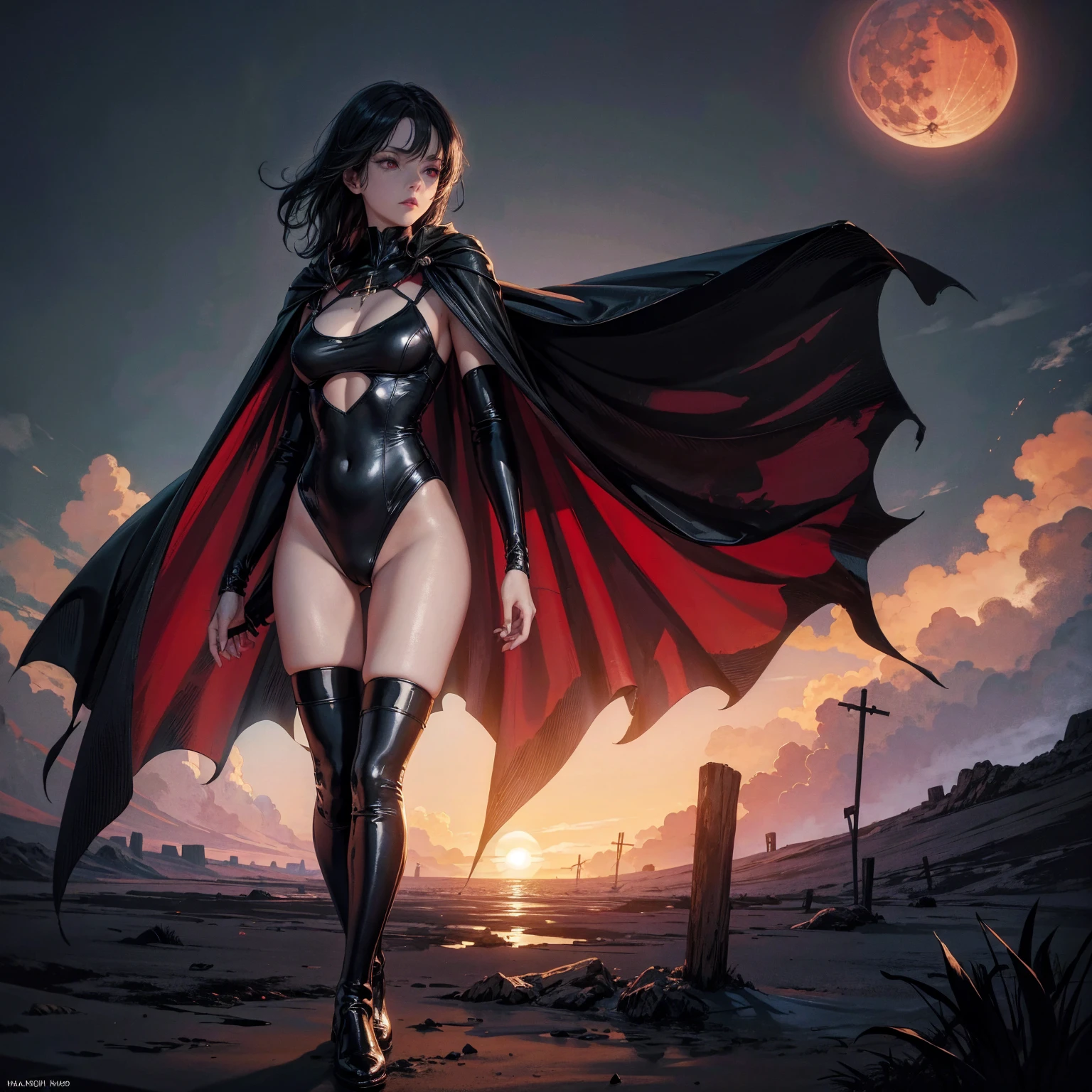 best quality, 4K, high resolution, masterpiece:1.2, Very detailed, actual:1.37, Mood lighting, Girl in a long cape, Only wearing a reflective latex one-piece swimsuit including a reflective rubber bra and a pair of knee-high stockings, Exposes the navel,Shows the skin above the chest, Dangerous sneer, Black Hair, Standing, Facing the camera, Crucified, Pitch black sky, Blood-red moon, strange atmosphere, Gothic style, Unforgettable beauty, Dramatic shadows, Ethereal Light, Mysterious atmosphere.