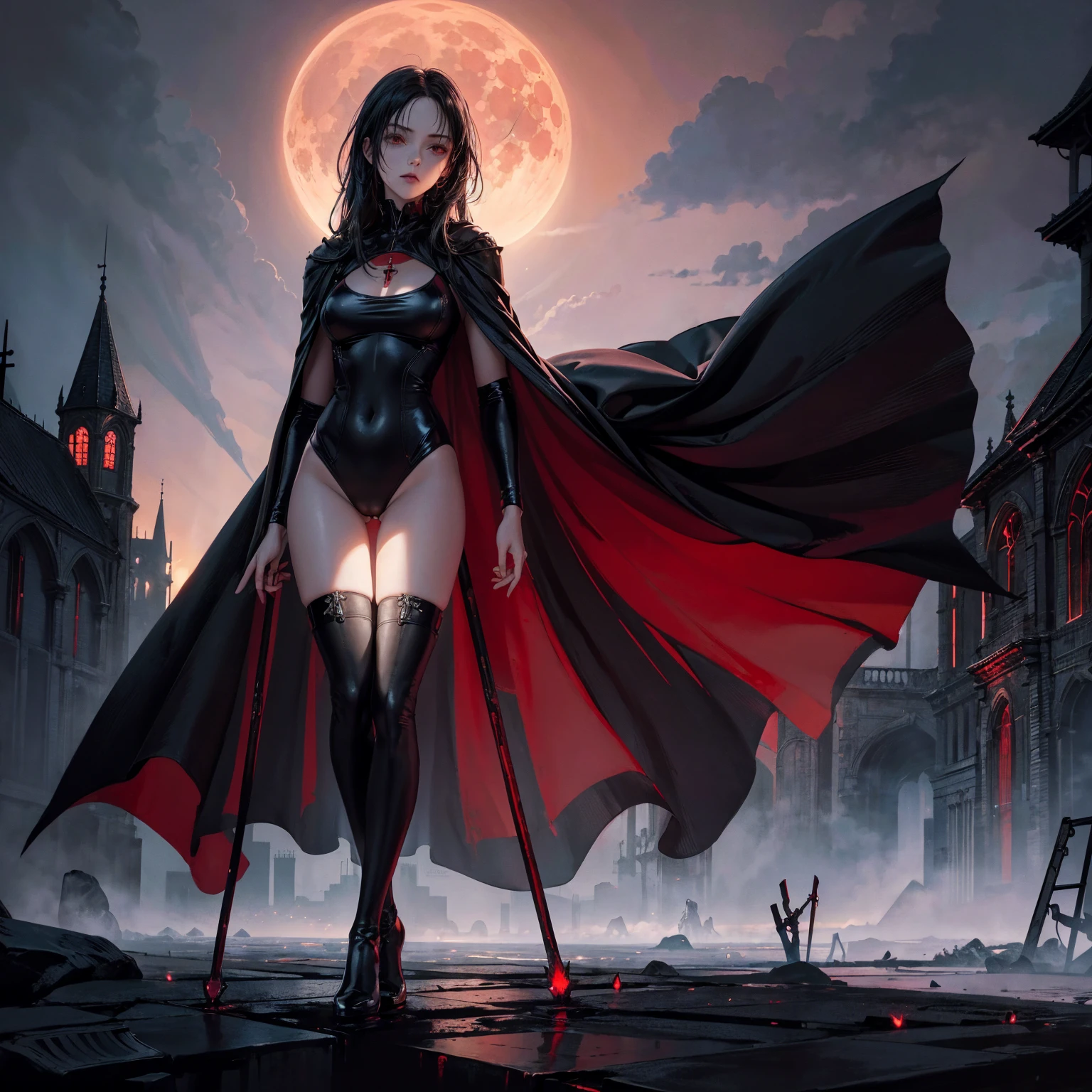 best quality, 4K, high resolution, masterpiece:1.2, Very detailed, actual:1.37, Mood lighting, Girl in a long cape, Only wearing a reflective latex one-piece swimsuit including a reflective rubber bra and a pair of knee-high stockings, Exposes the navel,Shows the skin above the chest, Dangerous sneer, Black Hair, Standing, Facing the camera, Crucified, Pitch black sky, Blood-red moon, strange atmosphere, Gothic style, Unforgettable beauty, Dramatic shadows, Ethereal Light, Mysterious atmosphere.