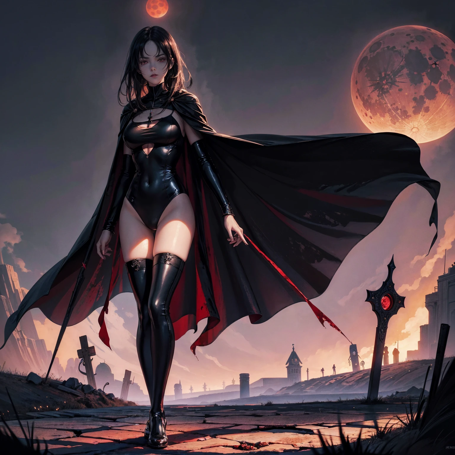best quality, 4K, high resolution, masterpiece:1.2, Very detailed, actual:1.37, Mood lighting, Girl in a long cape, Only wearing a reflective latex one-piece swimsuit including a reflective rubber bra and a pair of knee-high stockings, Exposes the navel,Shows the skin above the chest, Dangerous sneer, Black Hair, Standing, Facing the camera, Crucified, Pitch black sky, Blood-red moon, strange atmosphere, Gothic style, Unforgettable beauty, Dramatic shadows, Ethereal Light, Mysterious atmosphere.