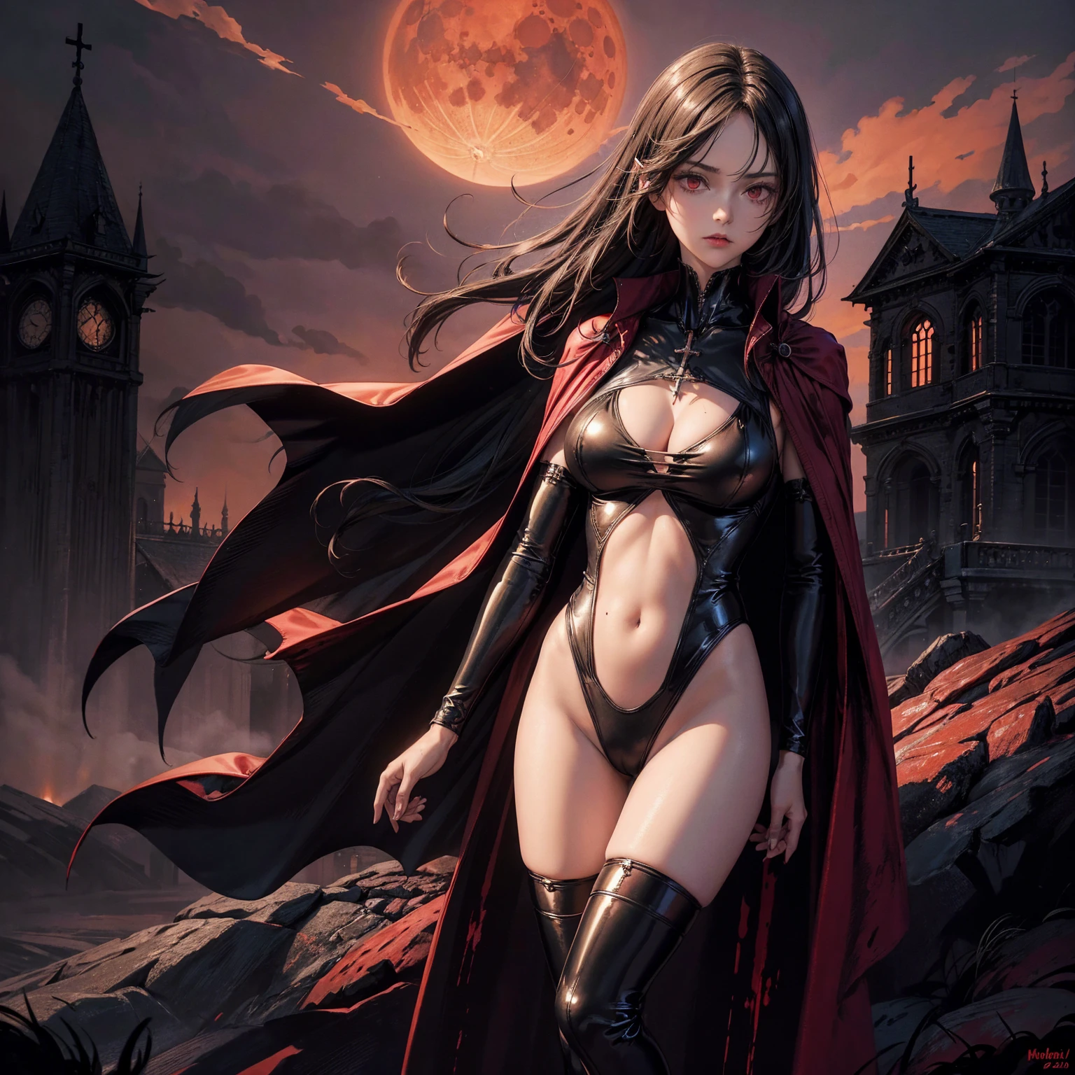 best quality, 4K, high resolution, masterpiece:1.2, Very detailed, actual:1.37, Mood lighting, Girl in a long cape, Only wearing a reflective latex one-piece swimsuit including a reflective rubber bra and a pair of knee-high stockings, Exposes the navel,Shows the skin above the chest, Dangerous sneer, Black Hair, Standing, Facing the camera, Crucified, Pitch black sky, Blood-red moon, strange atmosphere, Gothic style, Unforgettable beauty, Dramatic shadows, Ethereal Light, Mysterious atmosphere.