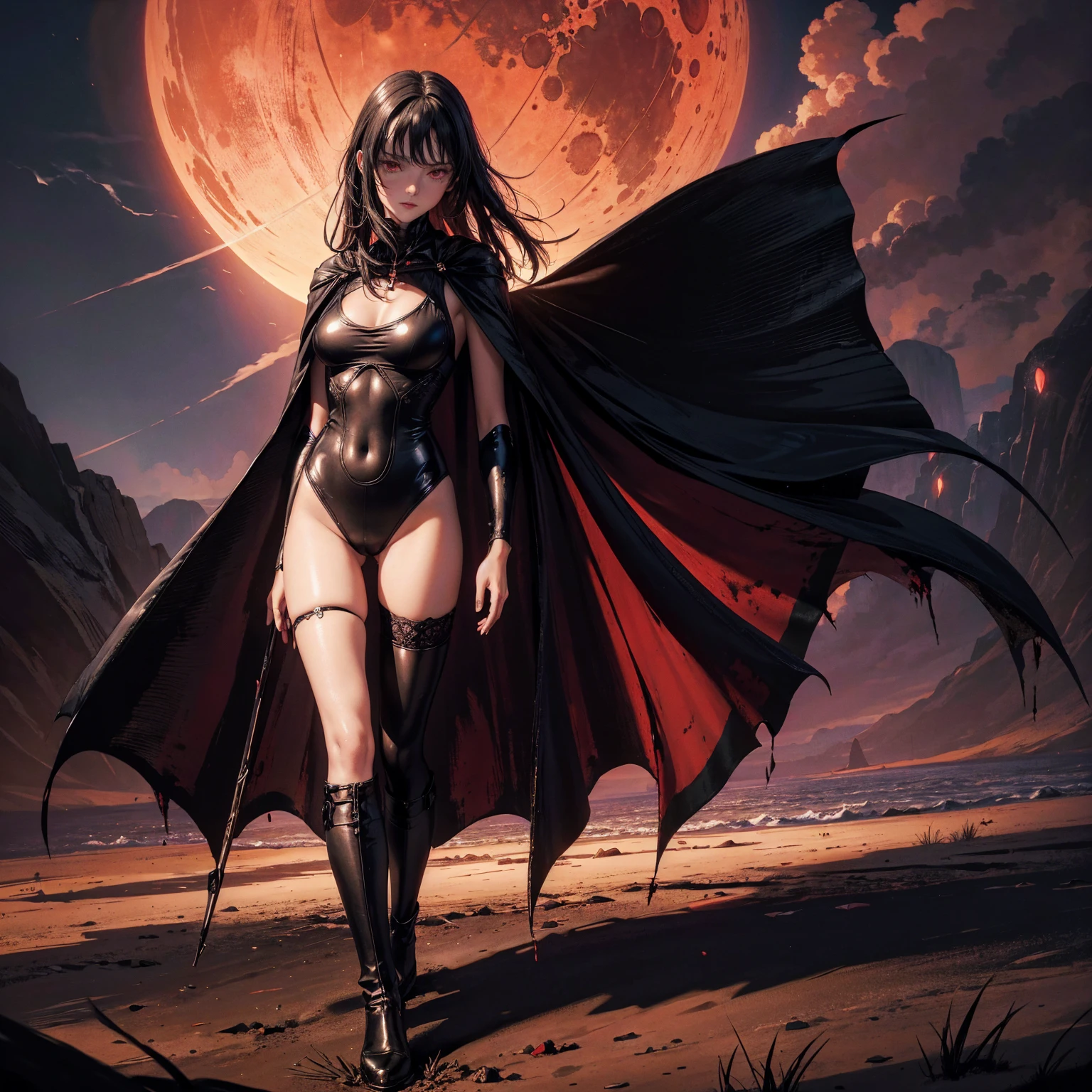 best quality, 4K, high resolution, masterpiece:1.2, Very detailed, actual:1.37, Mood lighting, Girl in a long cape, Only wearing a reflective latex one-piece swimsuit including a reflective rubber bra and a pair of knee-high stockings, Exposes the navel,Shows the skin above the chest, Dangerous sneer, Black Hair, Standing, Facing the camera, Crucified, Pitch black sky, Blood-red moon, strange atmosphere, Gothic style, Unforgettable beauty, Dramatic shadows, Ethereal Light, Mysterious atmosphere.