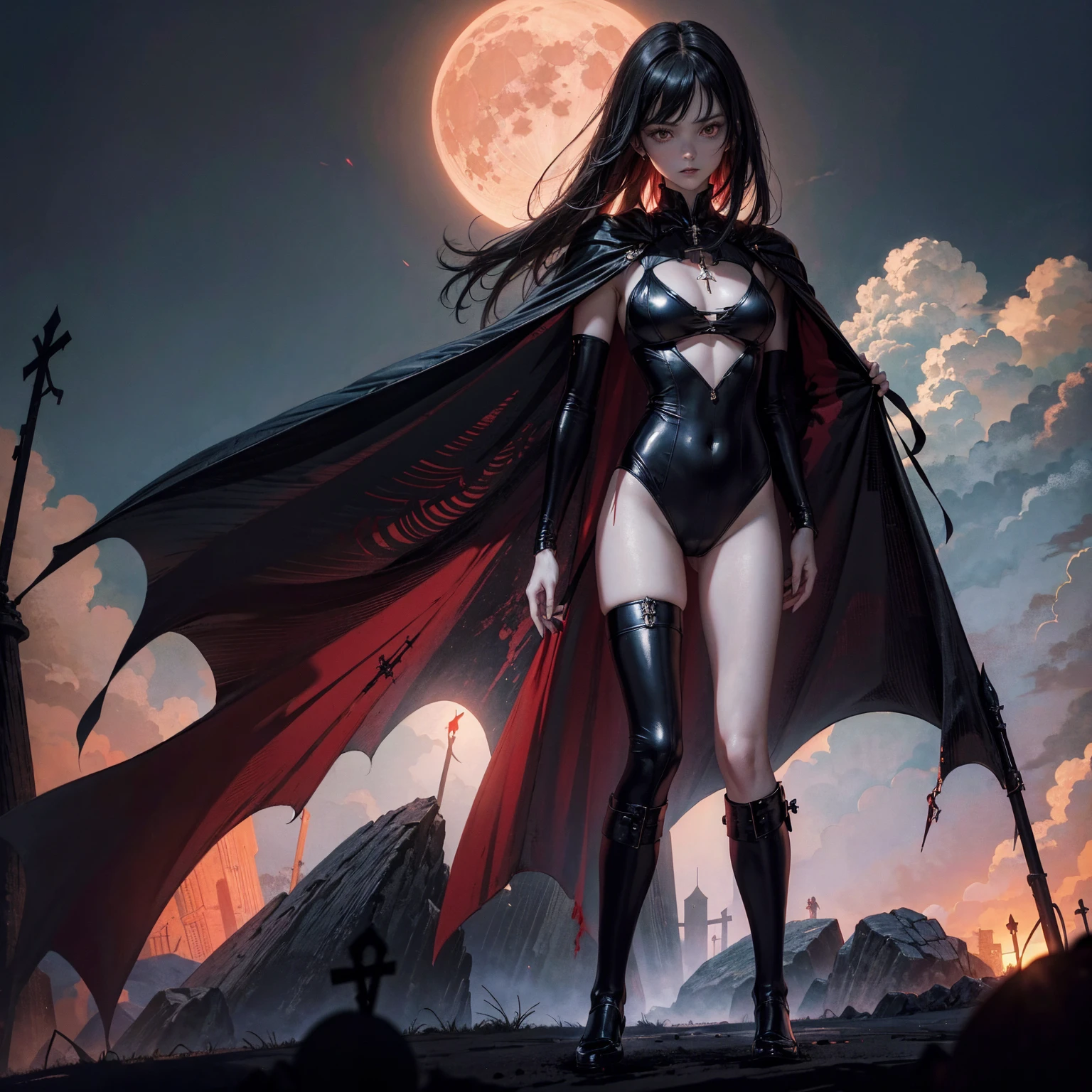 best quality, 4K, high resolution, masterpiece:1.2, Very detailed, actual:1.37, Mood lighting, Girl in a long cape, Only wearing a reflective latex one-piece swimsuit including a reflective rubber bra and a pair of knee-high stockings, Exposes the navel,Shows the skin above the chest, Dangerous sneer, Black Hair, Standing, Facing the camera, Crucified, Pitch black sky, Blood-red moon, strange atmosphere, Gothic style, Unforgettable beauty, Dramatic shadows, Ethereal Light, Mysterious atmosphere.