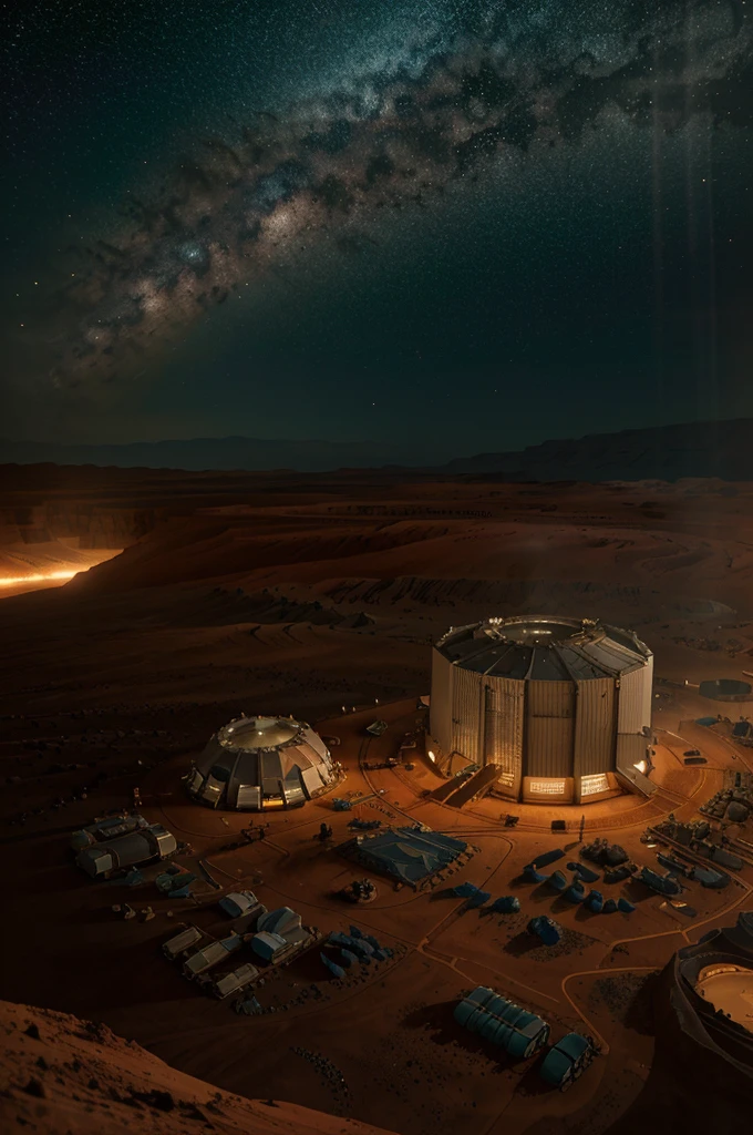 On Mars, a huge cutting-edge data facility. The Martian ground is dotted with metallic texture and many mining workers. Bright pictures, different machines, starry sky, daytime, interplanetary architecture into large mechanical details, super wide angle, bird's eye view, high reality, light and dark