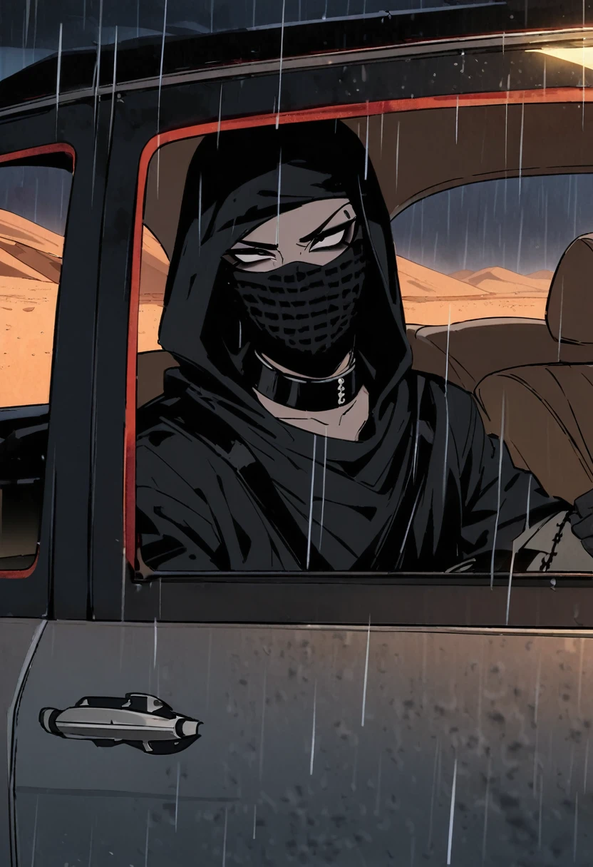 Male arab modern terrorist, terrorist, black balaclava, black bandage, black clothes, thin waist, skinny body, light skin, makeup, black eyeliner, big eyelashes, black eyeshadow, metal choker, inside the car, desert, night, rain 