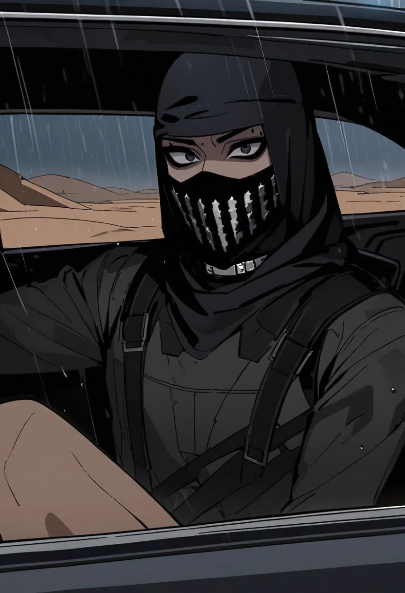 Male arab modern terrorist, terrorist, black balaclava, black bandage, black clothes, thin waist, skinny body, light skin, makeup, black eyeliner, big eyelashes, black eyeshadow, metal choker, inside the car, desert, night, rain