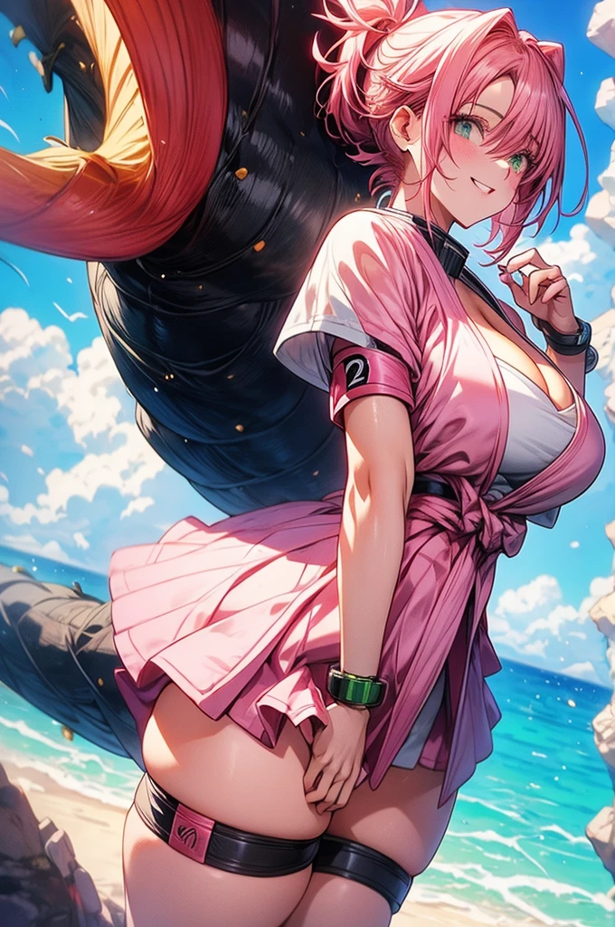 Sakura from Naruto with big and thighs exposed with short pink hair tied behind her back and green eyes ,wearing modern outfit which makes her look sexy ande exposed her large cleavage