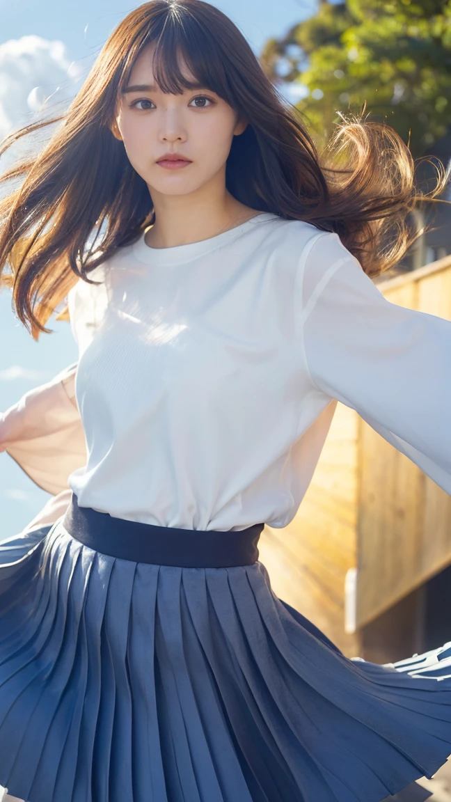 stage下からの描写:1.53,One Girl、Beautiful and detailed eyes and face、barefoot、 Japanese girl, ((Extremely precise and accurate anatomy:1.0)), (photo Realistic:1.4), (hyper Realistic:1.4), (最高品質のRealisticな肌の質感:1.4), (Improvement of quality:1.4), (Enhances the beauty of skin texture:1.1), Clean and glowing skin, mesh, thin:1.2, (Realistic:1.3), Realisticなライティング, (Smoother lighting:1.05), (Improving the quality of cinema lighting:0.9), Backlight, A gentle light on your face, Ray Tracing, (Bright light:1.2), 32K, One Japanese woman, fine grain, Detailed face, (Film Grain:1.1),(Accentuates body lines:1.1), High resolution, Natural look, Kind eyes, Improves hair quality, Delicate light and shadow, Graceful pose, Sharp details, Soft light reflection, Beautiful contours, Delicate skin tone, Fine hair texture, Natural background, (((sunny day、School zone、A strong wind is blowing、Her hair and skirt are flying、 Open shirt、Pleated skirt、stroll:1.25、Light of the sun、Clear skies、stage、Blue sky and white clouds、The joys of youth)))、