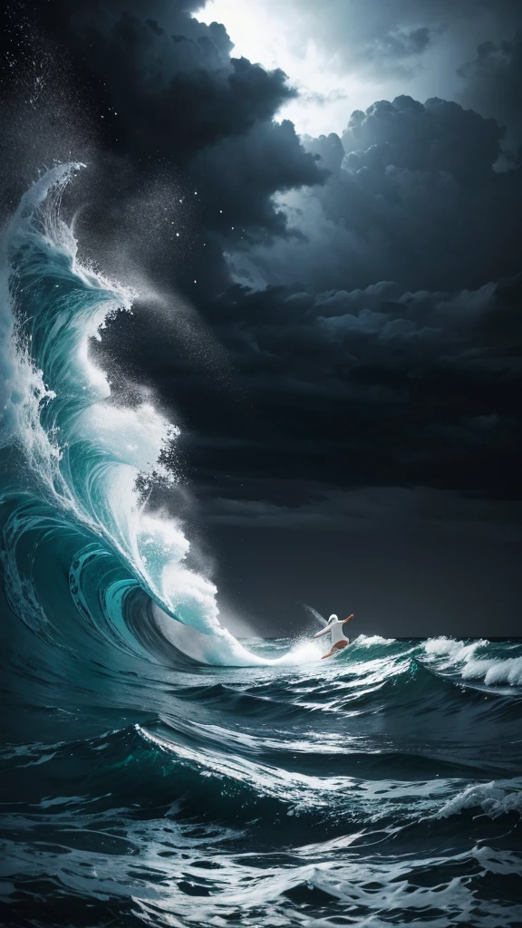 An arabic man with white clothes swim in middle a sea. Storm everywhere. Dark sky.