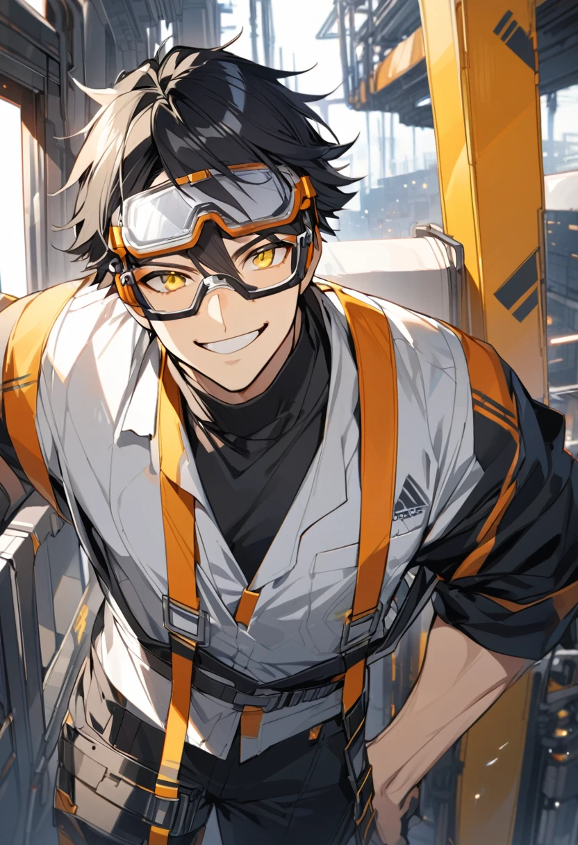 Solo, 1 male, black hair with orange highlights, yellow eyes, safety glasses, engineer, black and white shirt, black pants, smile facial