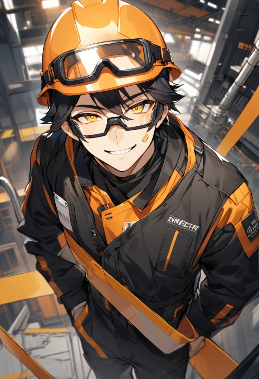 Solo, 1 male, black hair with orange highlights, yellow eyes, safety glasses, engineer, black and white shirt, black pants, smile facial