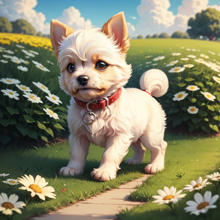 Masterpiece, best quality, high quality, Maltese puppie, cute, outlines, Green eyes, Brown fur, in the park, flowers on the ground, walking, sunny day, clouds on the sky