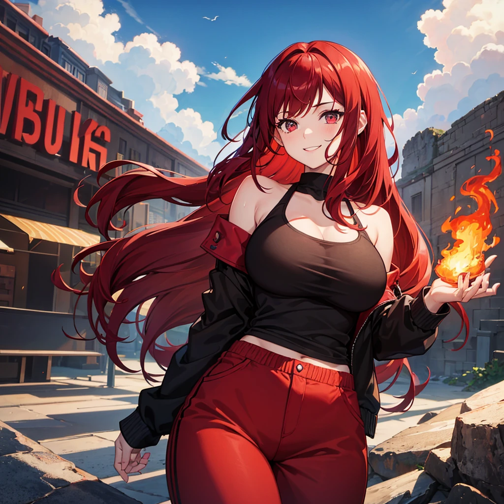 A girl with crimson red hair and maroon eyes with a black and red shirt that covers her whole torso and sweatpants and big breasts smiling and a background with volcanoes and fire