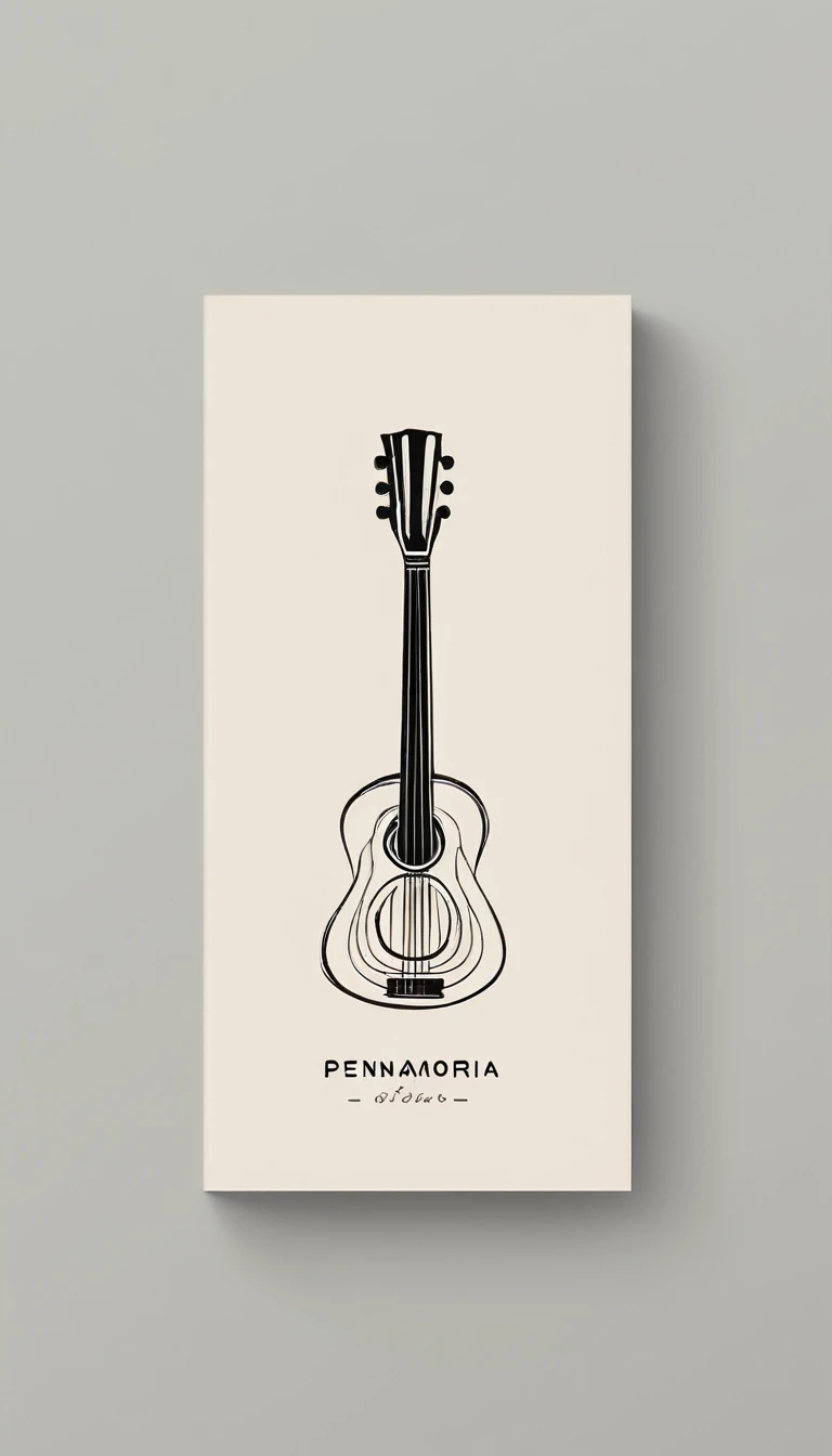 A minimal, modern, simple, cinematic, minimalistic logo design for the brand “Penamemoria". The logo design must convey a inspirational, creative companionship between a simple, poetic feather and a boy with an acoustic guitar. The logo must convey a sense of music, stories and dreams. Logo design impressed on a book cover. Minimalistic logo