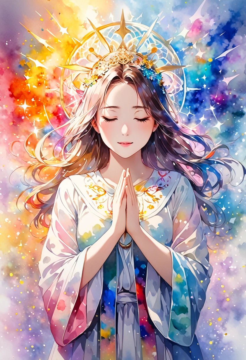 beautiful woman praying and cheering hard, various mark symbol effects, conceptual installation art, 2.5D, delicate and dynamic, fusion of watercolors and oil paintings, magic of vivid color shades and contrasts, gradation, foggy filter effects, glitter effects