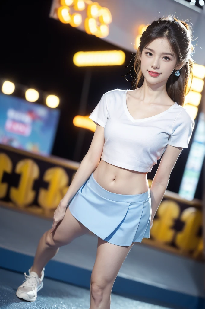 (((best quality))),(((ultra detailed))),(((masterpiece))),illustration,((a beautiful girl,solo)),(shoulder length straight hair:1.2),((slim,thin)),((small breasts,flat chest,claviclis,navel)),(blue short-sleeved white shirt:1.5),(blue mini-skirt:1.3),(slender legs:1.2),(sneakers:1.3),(standing:1.3),(arms behind back:1.3),(on the stage:1.3),((outside a shopping mall, at the entrance of a beer promotional event)),((surrounded by crowded crowds)),((hair and skirt fluttering in the air)),expressive eyes,infectious smile,the stage adorned with colorful decorations,vibrant atmosphere,(night scene:1.3),(from front:1.3),(full body:1.3),