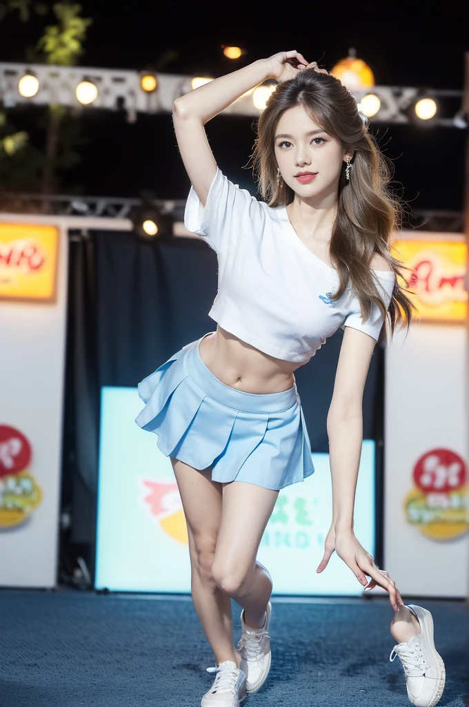 (((best quality))),(((ultra detailed))),(((masterpiece))),illustration,((a beautiful girl,solo)),(shoulder length straight hair:1.2),((slim,thin)),((small breasts,flat chest,claviclis,navel)),(blue short-sleeved white shirt:1.5),(blue mini-skirt:1.3),(slender legs:1.2),(sneakers:1.3),(standing:1.3),(arms behind back:1.3),(on the stage:1.3),((outside a shopping mall, at the entrance of a beer promotional event)),((surrounded by crowded crowds)),((hair and skirt fluttering in the air)),expressive eyes,infectious smile,the stage adorned with colorful decorations,vibrant atmosphere,(night scene:1.3),(from front:1.3),(full body:1.3),