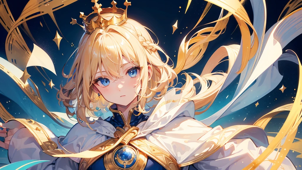 (Highest quality)　(4K)　(8k)　(High resolution)　(masterpiece:1.2)　(Super detailed)　One boy　short hair　Wizard　Blue Eyes　Long sleeve　Golden decoration　Hair between the eyes　White Dress　Wavy golden hair　Upper Body　(large crown)　(White Background)　front　Face close-up　Cast a spell